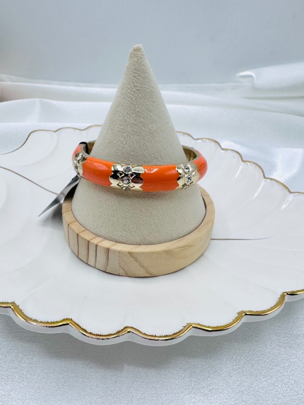 Orange Enamel Gold Tone Crystal Floral Hinged Bangle Bracelet